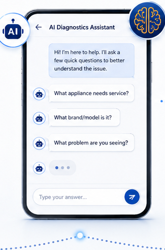 AI diagnostics assistant chat asking guided questions about the appliance