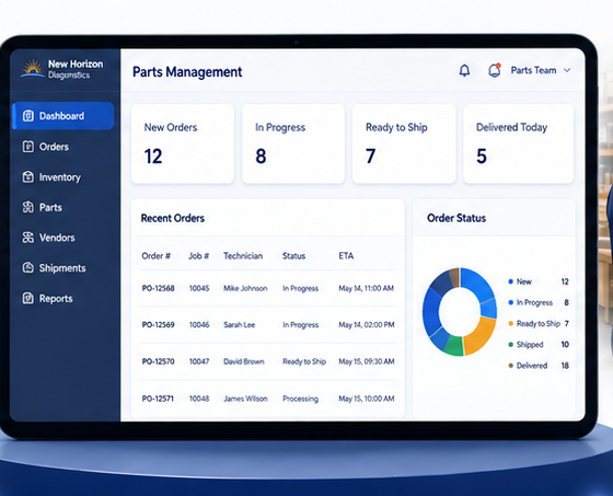 Parts management dashboard showing order status and estimated arrival times
