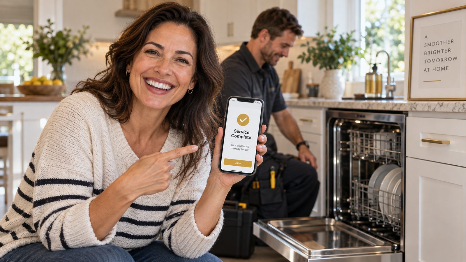 A homeowner in her kitchen holding up a service-complete confirmation on her phone while the technician finishes the job behind her