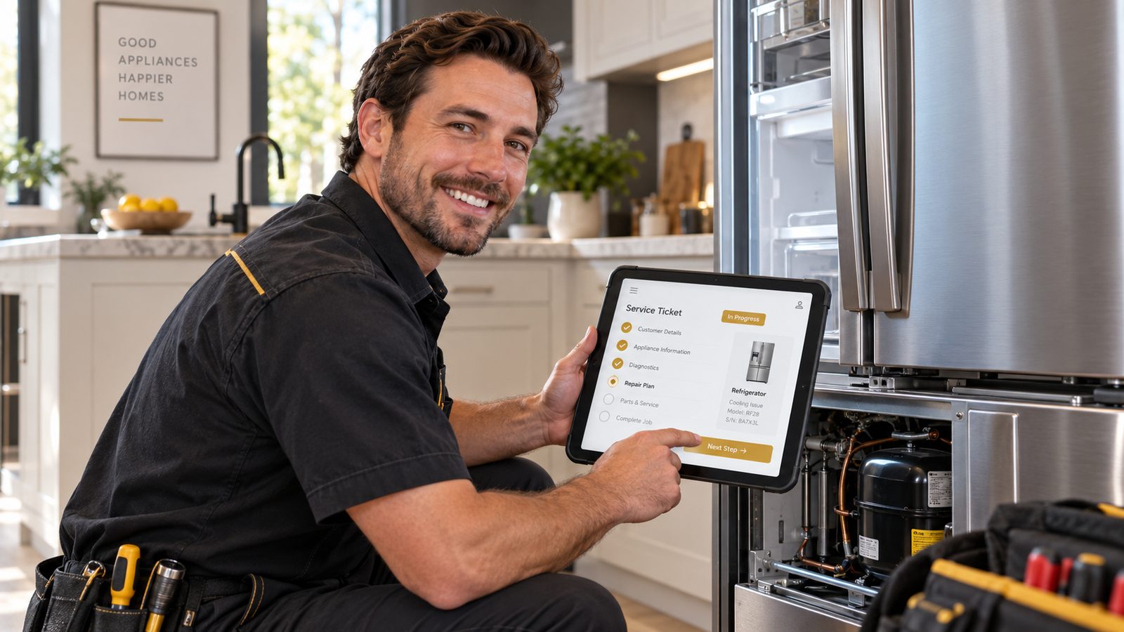 A technician kneeling at an open refrigerator in a customer's kitchen, working through the service ticket on a tablet
