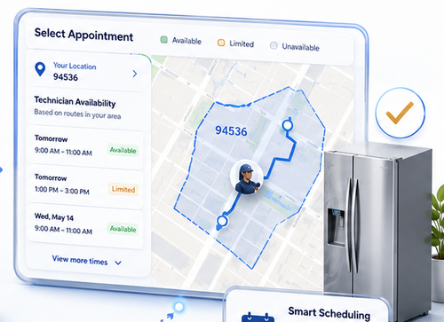 Appointment selection screen showing technician availability on a coverage map