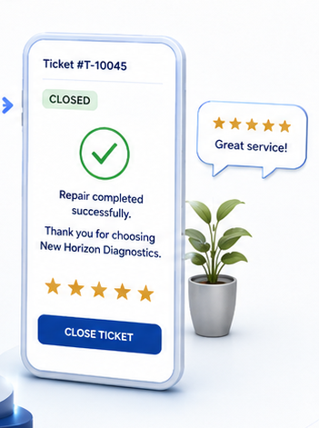 Mobile screen confirming a repair ticket is closed after successful completion